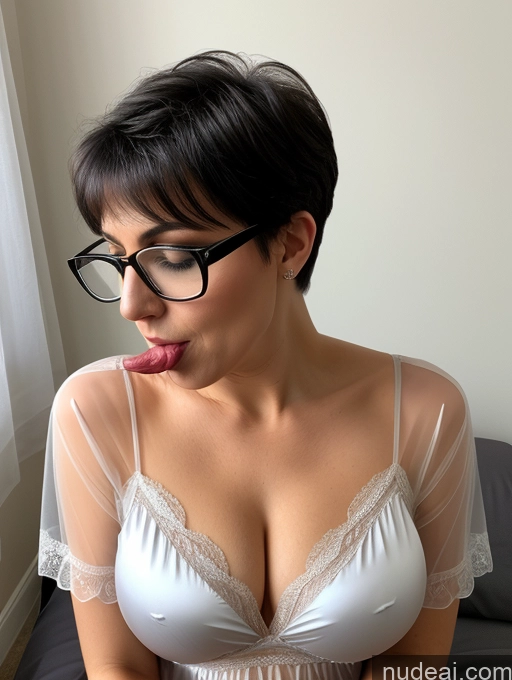 ai nude image of there is a woman with glasses sticking out her tongue pics of 50s Czech Black Hair Pixie Sexy Face Bedroom Blouse Nightgown Satin Transparent Simple Blowjob Glasses Cleavage Busty