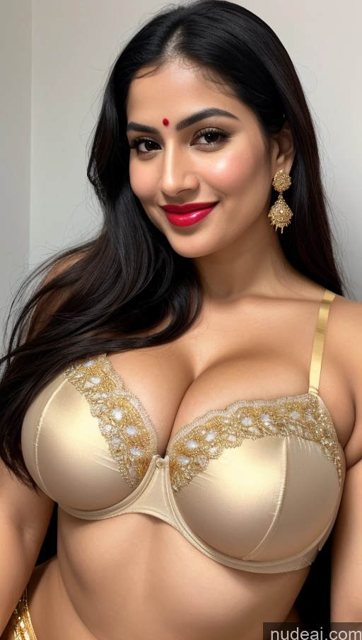 ai nude image of a close up of a woman wearing a gold bra and gold panties pics of Huge Boobs Beautiful Lipstick Big Ass Fairer Skin 50s Happy Black Hair Skin Detail (beta) Gold Jewelry Bright Lighting Woman Push-up Bra Thong Seductive Sexy Face Traditional Sari Close-up View Middle Eastern