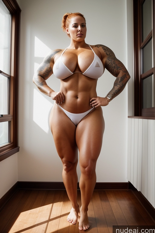 ai nude image of arafed woman in a white bikini posing in a room pics of Bodybuilder Fat Huge Boobs Tattoos Muscular Big Ass Big Hips Oiled Body Fairer Skin 20s Ginger Ponytail Irish Bedroom