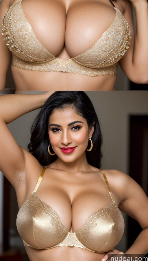 ai nude image of araffed woman in a gold bra and a gold bra pics of Huge Boobs Beautiful Lipstick Big Ass Fairer Skin 50s Happy Black Hair Skin Detail (beta) Gold Jewelry Bright Lighting Woman Push-up Bra Thong Seductive Sexy Face Traditional Sari Close-up View Middle Eastern