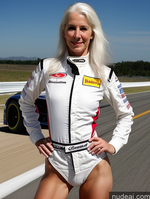 ai nude image of arafed woman in a white suit posing on a race track pics of Woman One Skinny Small Ass Small Tits Fairer Skin 60s White Hair Long Hair White Race Driver