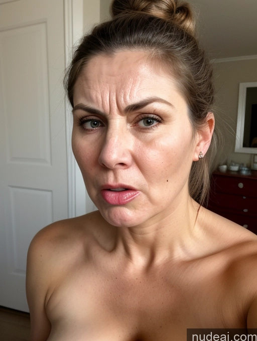 ai nude image of arafed woman with a messy bun on her head making a face pics of Milf Beautiful Fairer Skin Bedroom Nude Face Mask Sad Shocked Sexy Face Big Hips Angry Eating Hair Bun