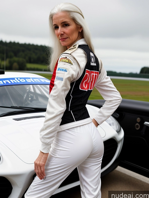 ai nude image of arafed woman in white pants and a black and white jacket standing next to a white sports car pics of Woman One Skinny Small Ass Small Tits Fairer Skin White Hair Long Hair White Race Driver 80s