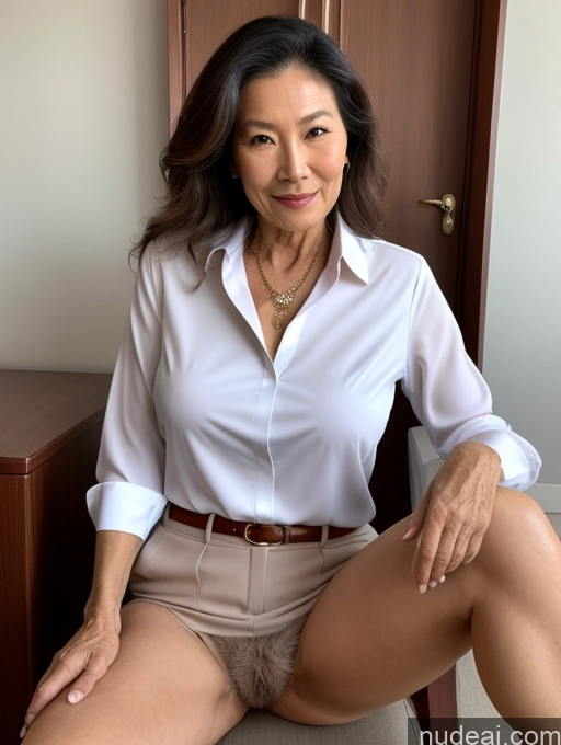 ai nude image of there is a woman sitting on a chair with a white shirt pics of Milf Perfect Boobs Perfect Body Pubic Hair 70s Chinese Spreading Legs Nude Blouse Casual Professor Shirt Stylish Suit Detailed