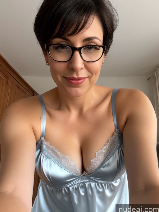 ai nude image of there is a woman wearing glasses and a blue dress posing for a picture pics of 50s Czech Black Hair Pixie Busty Glasses Sexy Face Bedroom Blouse Nightgown Satin Transparent Simple Casual Cleavage Dirndl Blowjob Bra Two Close-up View