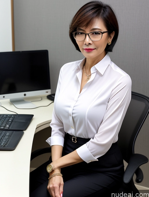 ai nude image of there is a woman sitting at a desk with a computer pics of Milf Perfect Boobs Beautiful Glasses Perfect Body Short Hair 60s Chinese Office Blouse Casual Professor Stylish Suit Cleavage Dark Lighting Detailed Sexy Face