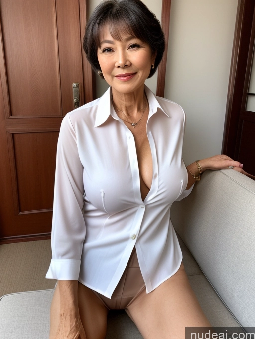 ai nude image of arafed asian woman in a white shirt and tan panties posing on a couch pics of Milf Perfect Boobs Perfect Body Pubic Hair 70s Pixie Chinese Spreading Legs Nude Blouse Casual Professor Shirt Stylish Suit Detailed