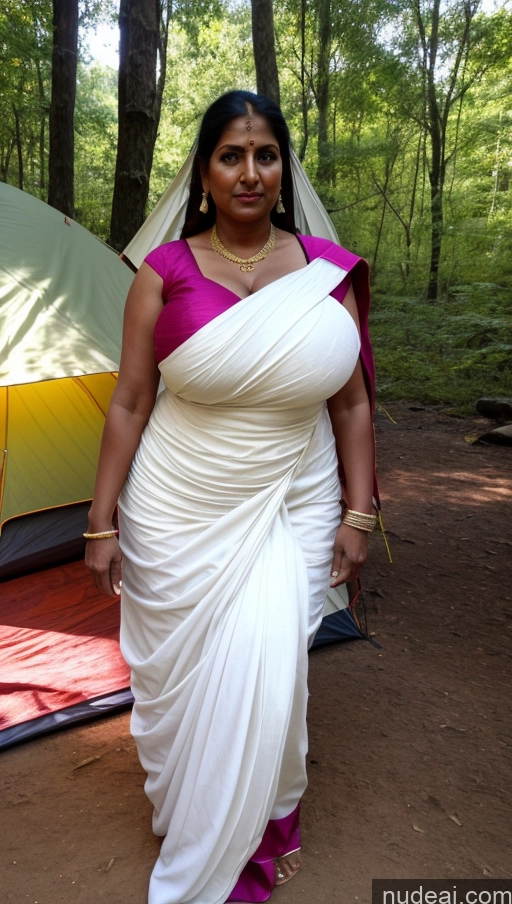 ai nude image of woman in sari standing in front of a tent in the woods pics of Milf Busty Huge Boobs Tall Sexy Face Beautiful Indian Front View Dark Lighting Detailed Big Hips Seductive Big Ass Tent Dark Skin White Hair 60s Hair Bun Perfect Body Sari