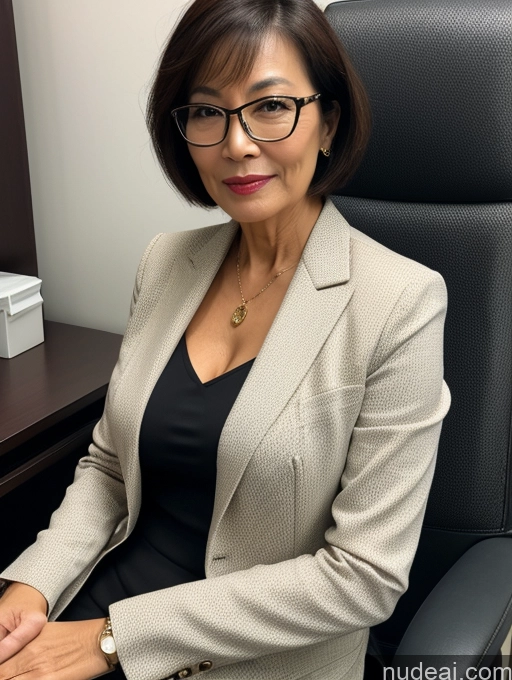 ai nude image of smiling woman in business attire sitting in a chair in an office pics of Milf Perfect Boobs Beautiful Glasses Perfect Body Short Hair 60s Chinese Office Blouse Casual Professor Stylish Suit Cleavage Dark Lighting Detailed Sexy Face