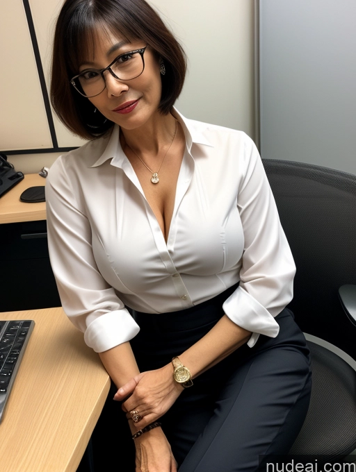 ai nude image of woman sitting at desk with computer and monitor in office setting pics of Milf Perfect Boobs Beautiful Glasses Perfect Body Short Hair 60s Chinese Office Blouse Casual Professor Stylish Suit Cleavage Dark Lighting Detailed Sexy Face