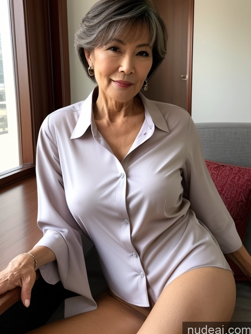 ai nude image of there is a woman sitting on a couch wearing a white shirt pics of Milf Perfect Boobs Perfect Body Pubic Hair 70s Pixie Chinese Spreading Legs Nude Blouse Casual Professor Shirt Stylish Suit Detailed