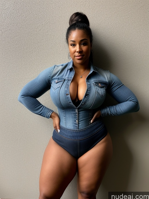 ai nude image of araffe woman in a denim shirt and high waisted shorts posing for a picture pics of Big Ass Big Hips Jeans Athlete