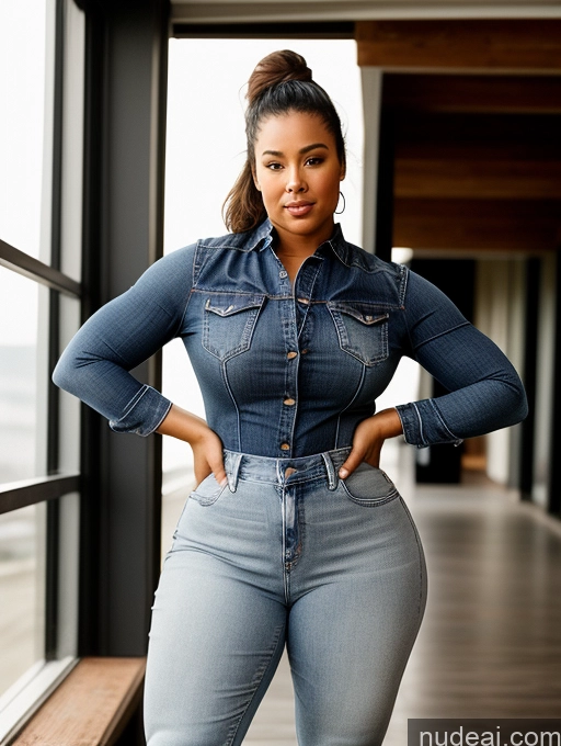 ai nude image of araffe woman in a denim shirt and jeans posing for a picture pics of Big Ass Big Hips Jeans Athlete