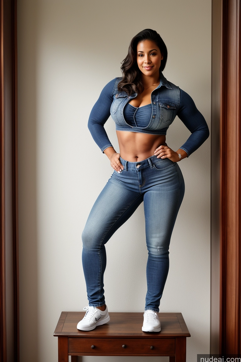 ai nude image of arafed woman in a denim top and jeans posing on a stool pics of Big Ass Big Hips Jeans Athlete