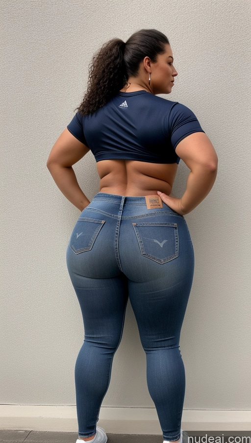 ai nude image of araffe woman in jeans and a blue shirt standing against a wall pics of Big Ass Big Hips Jeans Athlete