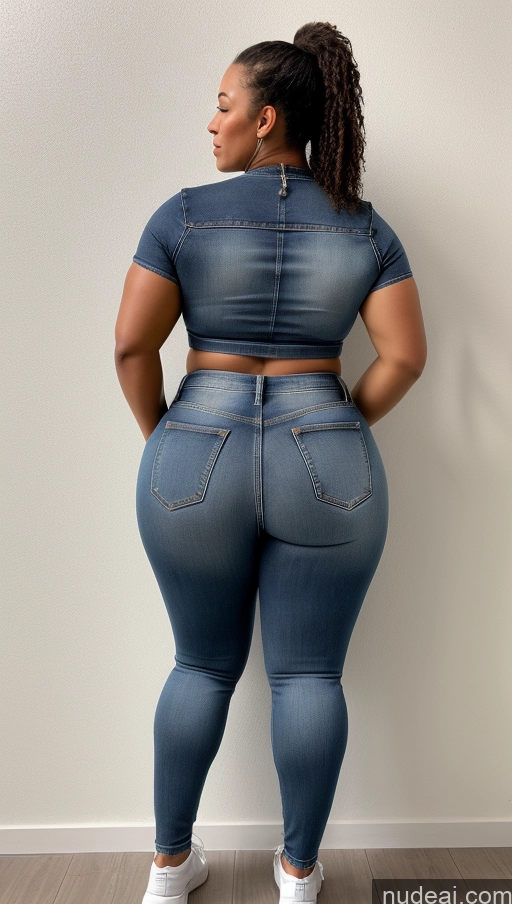 ai nude image of araffe woman in a blue jeanie top and jeans standing against a wall pics of Big Ass Big Hips Jeans Athlete