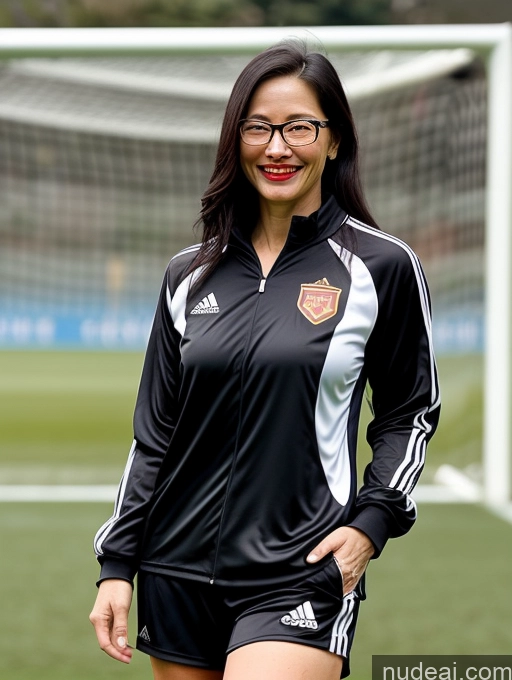 ai nude image of smiling woman in black and white soccer uniform standing in front of a goal pics of One Long Hair Fairer Skin Happy Front View Lipstick Glasses Perfect Body Perfect Boobs 40s Milf Black Hair Chinese Soccer