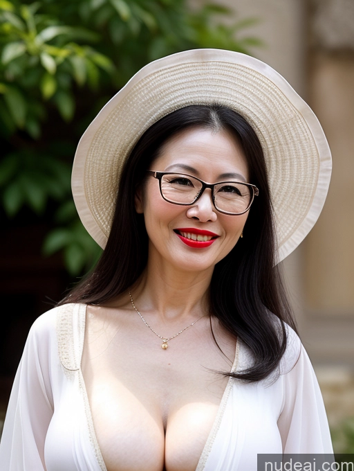 ai nude image of araffed woman with glasses and a hat posing for a picture pics of One Long Hair Fairer Skin Happy Front View Lipstick Glasses Perfect Body Perfect Boobs 40s Milf Black Hair Chinese Medieval