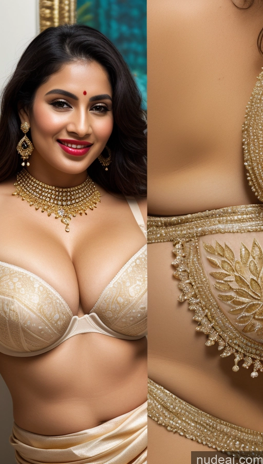 ai nude image of a close up of a woman wearing a gold bra and a gold necklace pics of Woman Huge Boobs Beautiful Lipstick Big Ass Fairer Skin 50s Happy Seductive Black Hair Skin Detail (beta) Push-up Bra Jewelry Gold Jewelry Bright Lighting Indian Sari Traditional Close-up View Oasis