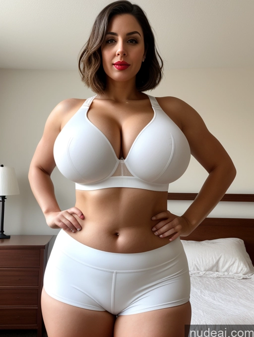 ai nude image of araffe woman in white underwear posing in a bedroom pics of Huge Boobs Beautiful Big Ass 30s Brunette Front View Detailed Lipstick Bedroom White Bobcut Sports Bra