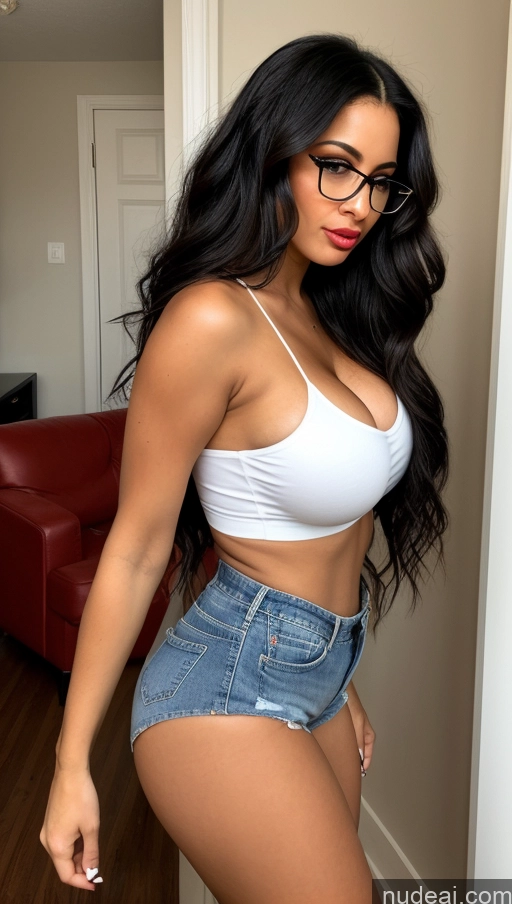 ai nude image of arafed woman in a white top and blue shorts posing for a picture pics of Busty Perfect Boobs Big Ass Long Hair Latina Sexy Face Thick Perfect Body Blouse Glasses Short Shorts Black Hair Party Jeans Pouting Lips 50s