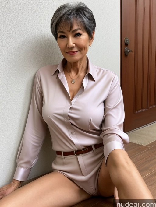 ai nude image of there is a woman sitting on a wooden floor wearing a shirt and shorts pics of Milf Perfect Boobs Perfect Body Pubic Hair 70s Pixie Chinese Spreading Legs Nude Blouse Casual Professor Shirt Stylish Suit Detailed