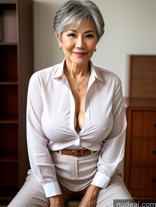 ai nude image of there is a woman sitting on a chair with a white shirt pics of Milf Perfect Boobs Perfect Body Pubic Hair 70s Pixie Chinese Spreading Legs Nude Blouse Casual Professor Shirt Stylish Suit Detailed