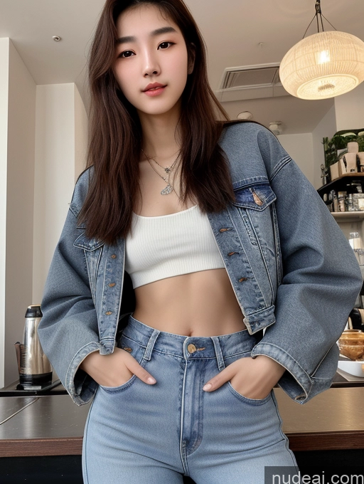 ai nude image of araffed asian woman in a white crop top and denim jacket pics of Skinny Pubic Hair 18 Korean Cafe Crop Top Jeans Jacket