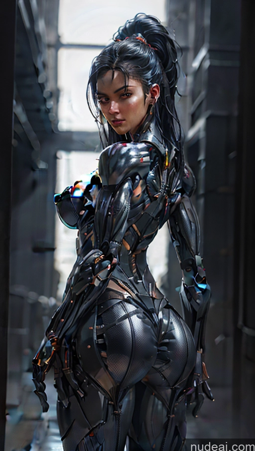 ai nude image of arafed woman in a futuristic suit standing in a hallway pics of Milf Perfect Boobs Beautiful Big Ass Big Hips Tall Perfect Body Tanned Skin EdgOrgasm Afingering Buxomy 30s Black Hair Long Hair Latina Dark Lighting Detailed Thick Cyberhelmet V3 Nanosuit Cyborg Style Cyborg Android