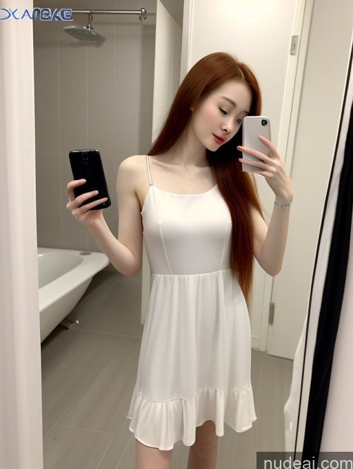 ai nude image of araffe woman taking a selfie in a bathroom mirror pics of 18 Long Hair Skinny Short Ginger Chinese Bathroom Fairer Skin Mirror Selfie Dress