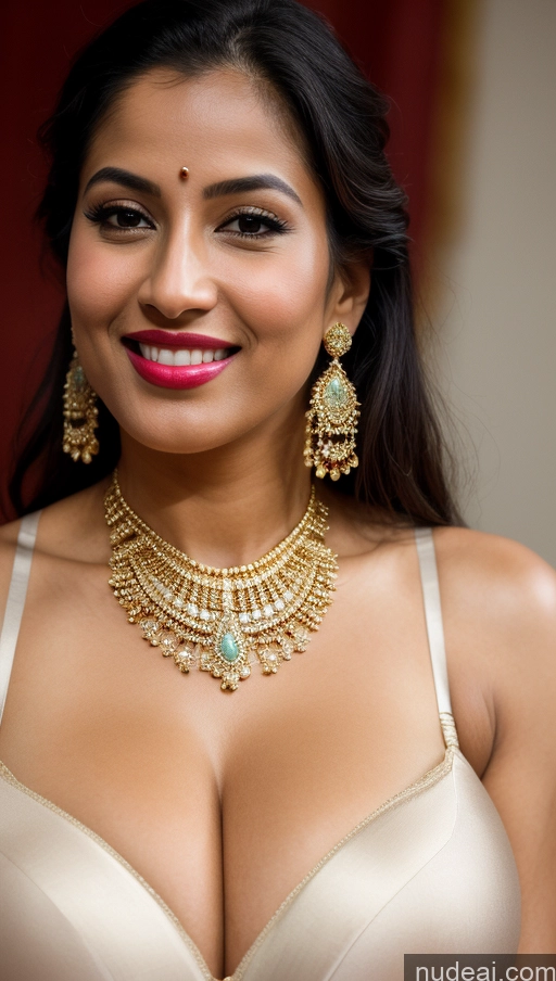 ai nude image of araffed woman in a bra top with a necklace and earrings pics of Woman Huge Boobs Beautiful Lipstick Big Ass Fairer Skin 50s Happy Seductive Black Hair Skin Detail (beta) Push-up Bra Jewelry Gold Jewelry Bright Lighting Indian Sari Traditional Close-up View Stage