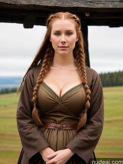 ai nude image of arafed woman in a brown dress standing in front of a wooden structure pics of Perfect Boobs Skinny Big Hips Perfect Body Long Hair 18 20s 30s Brunette Braided Straight Irish Dress Medieval Traditional Viking Huge Tits, Hard Nipples