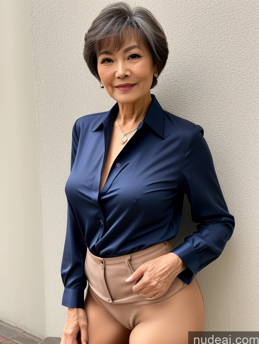 ai nude image of there is a woman in a blue shirt and tan pants posing pics of Milf Perfect Boobs Perfect Body Pubic Hair 70s Pixie Chinese Spreading Legs Nude Blouse Casual Professor Shirt Stylish Suit Detailed