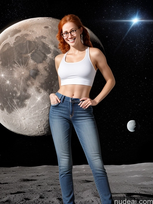 ai nude image of arafed woman in jeans and a white top standing in front of a moon pics of Woman One Small Tits Beautiful Glasses Skinny Abs 40s Happy Ginger Pigtails Irish Moon Front View Jeans