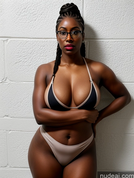 related ai porn images free for Athlete Busty Perfect Boobs Lipstick Glasses Dark Skin 30s Serious Black Hair Braided Black Prison Front View Jumpsuit Partially Nude Cleavage