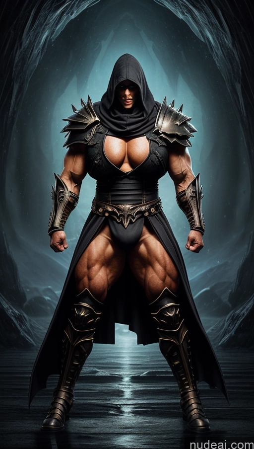 ai nude image of a close up of a person in a costume with a hood on pics of Bodybuilder One Huge Boobs Perfect Boobs Muscular Tall Perfect Body Long Hair 30s Black Hair Front View T-pose Nude Sexy Face Detailed Bright Lighting Death Knight Fantasy Armor Hell Surrealist German