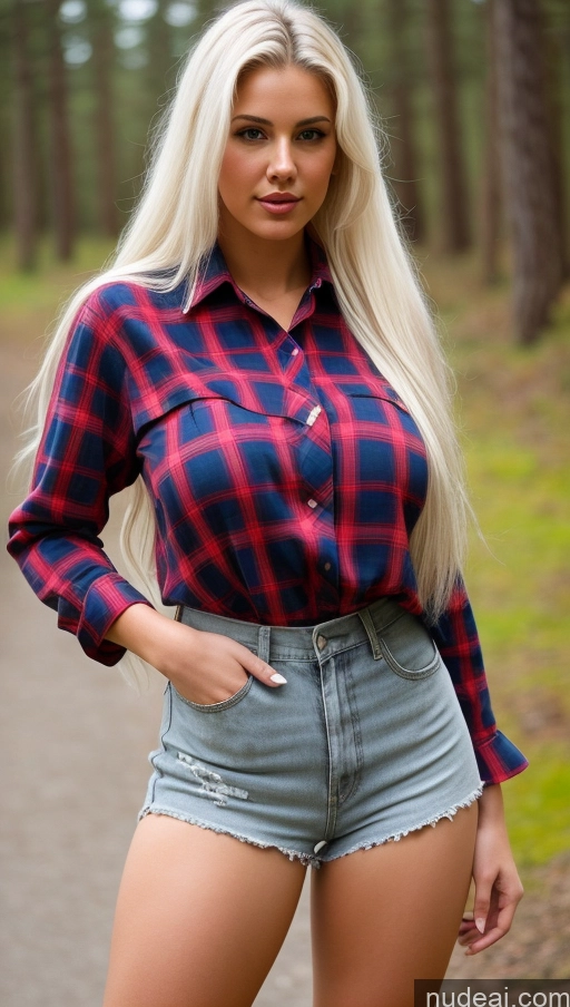 ai nude image of blonde woman in plaid shirt and denim shorts posing for a picture pics of Busty Big Ass Seductive Front View Sexy Face Long Hair Blouse Big Hips Short Shorts Lumberjack 18 White Hair