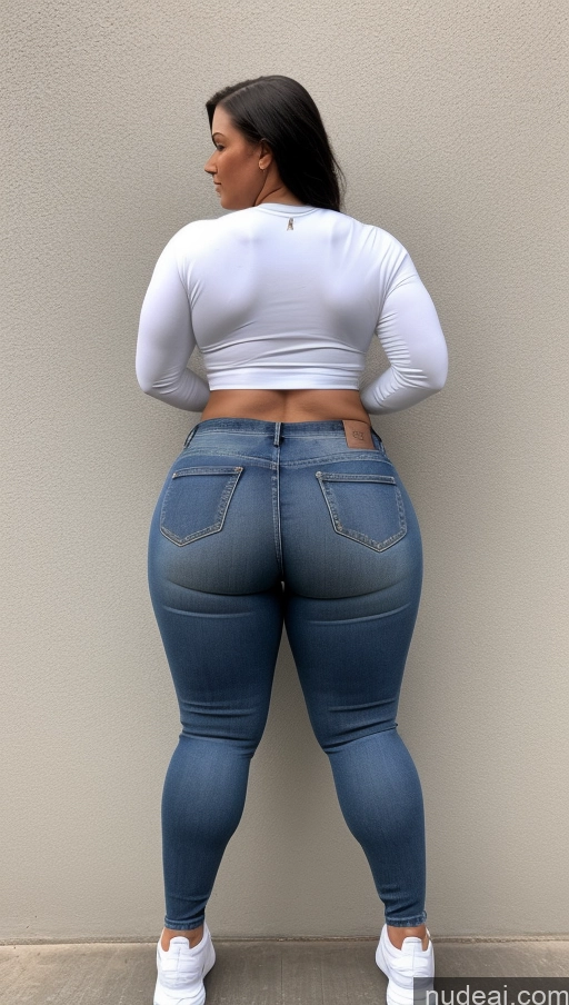 ai nude image of a woman in a white top and jeans standing against a wall pics of Athlete Big Ass Big Hips Jeans