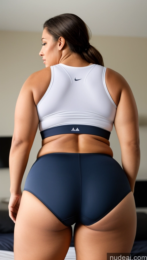 ai nude image of araffe woman in a white top and blue shorts standing on a bed pics of Athlete Big Ass Big Hips Underwear