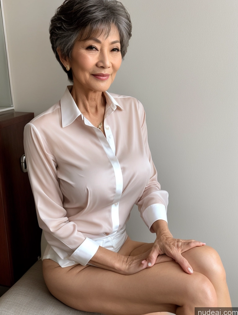 ai nude image of there is a woman sitting on a chair with her legs crossed pics of Milf Perfect Boobs Perfect Body Pubic Hair 70s Pixie Chinese Spreading Legs Nude Blouse Casual Professor Shirt Stylish Suit Detailed