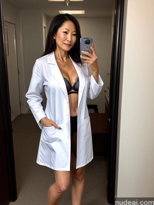 ai nude image of arafed woman in a lab coat taking a selfie in a mirror pics of Milf Two Beautiful 70s Chinese Bra Casual Doctor Cleavage Partially Nude Dark Lighting Detailed Sexy Face Perfect Boobs Perfect Body Pubic Hair Lab Coat High Heels