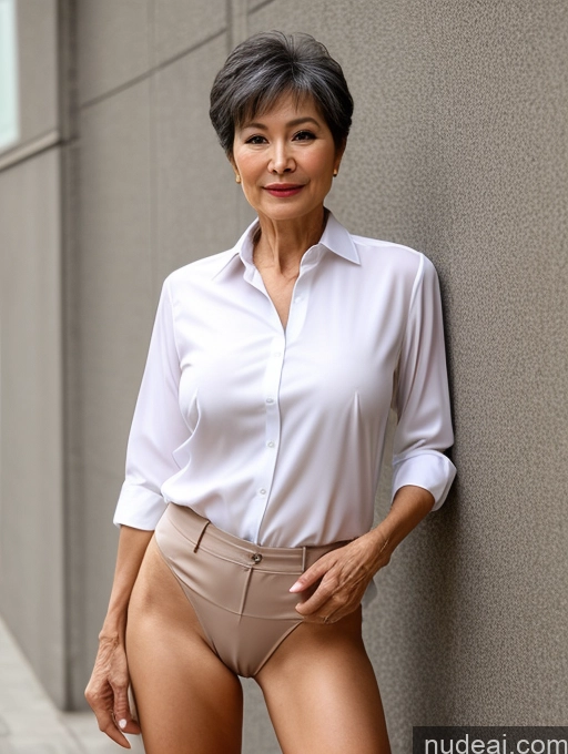 ai nude image of there is a woman in a white shirt and tan shorts posing pics of Milf Perfect Boobs Perfect Body Pubic Hair 70s Pixie Chinese Spreading Legs Nude Blouse Casual Professor Shirt Stylish Suit Detailed