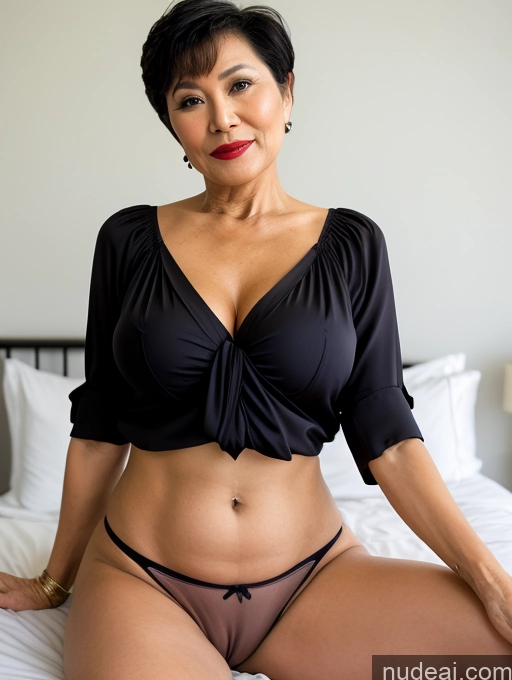 ai nude image of there is a woman in a black top and panties on a bed pics of Milf Perfect Boobs Lipstick Pixie Vietnamese Bedroom Spreading Legs Casual Shirt Partially Nude Dark Lighting Detailed 60s Stylish Blouse