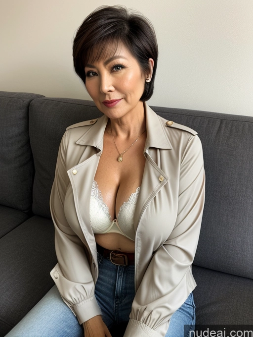 ai nude image of there is a woman sitting on a couch with a jacket on pics of Milf Two Busty Perfect Boobs Beautiful Perfect Body Short Hair 60s Chinese Couch Blouse Bra Casual Jacket Jeans Cleavage Dark Lighting Detailed Sexy Face