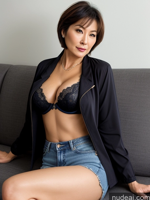 ai nude image of arafed asian woman in a black jacket and denim shorts sitting on a couch pics of Milf Two Busty Perfect Boobs Beautiful Perfect Body Short Hair 60s Chinese Couch Blouse Bra Casual Jacket Jeans Cleavage Dark Lighting Detailed Sexy Face