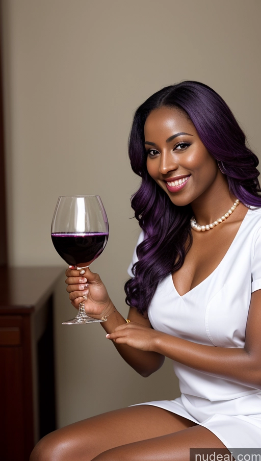 ai nude image of there is a woman sitting on a chair holding a glass of wine pics of Two Dark Skin Oiled Body Happy Seductive Sexy Face Purple Hair Boots High Heels Nurse Wine Pearl Jewelry Ethiopian