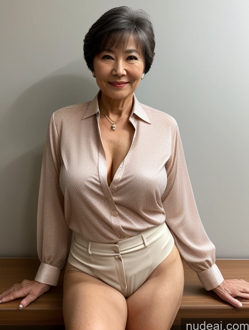 ai nude image of there is a woman sitting on a bench wearing a shirt pics of Milf Perfect Boobs Perfect Body Pubic Hair 70s Pixie Chinese Spreading Legs Nude Blouse Casual Professor Shirt Stylish Suit Detailed