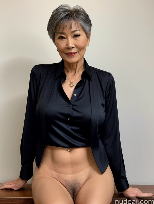 ai nude image of arafed asian woman in a black shirt and black pants posing for a picture pics of Milf Perfect Boobs Perfect Body Pubic Hair 70s Pixie Chinese Spreading Legs Nude Blouse Casual Professor Shirt Stylish Suit Detailed Dark Lighting