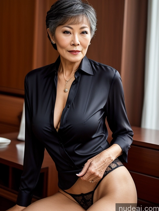 ai nude image of there is a woman in a black shirt and panties posing for a picture pics of Milf Perfect Boobs Perfect Body Pubic Hair 70s Pixie Chinese Spreading Legs Nude Blouse Casual Professor Shirt Stylish Suit Detailed Dark Lighting