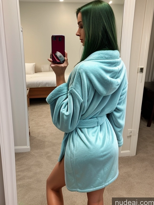 ai nude image of araffed woman in a blue robe taking a selfie in a mirror pics of Woman Beautiful Skinny Tall Long Hair 18 Seductive Green Hair Russian Sexy Face Small Ass Small Tits Bathrobe Mirror Selfie Detailed